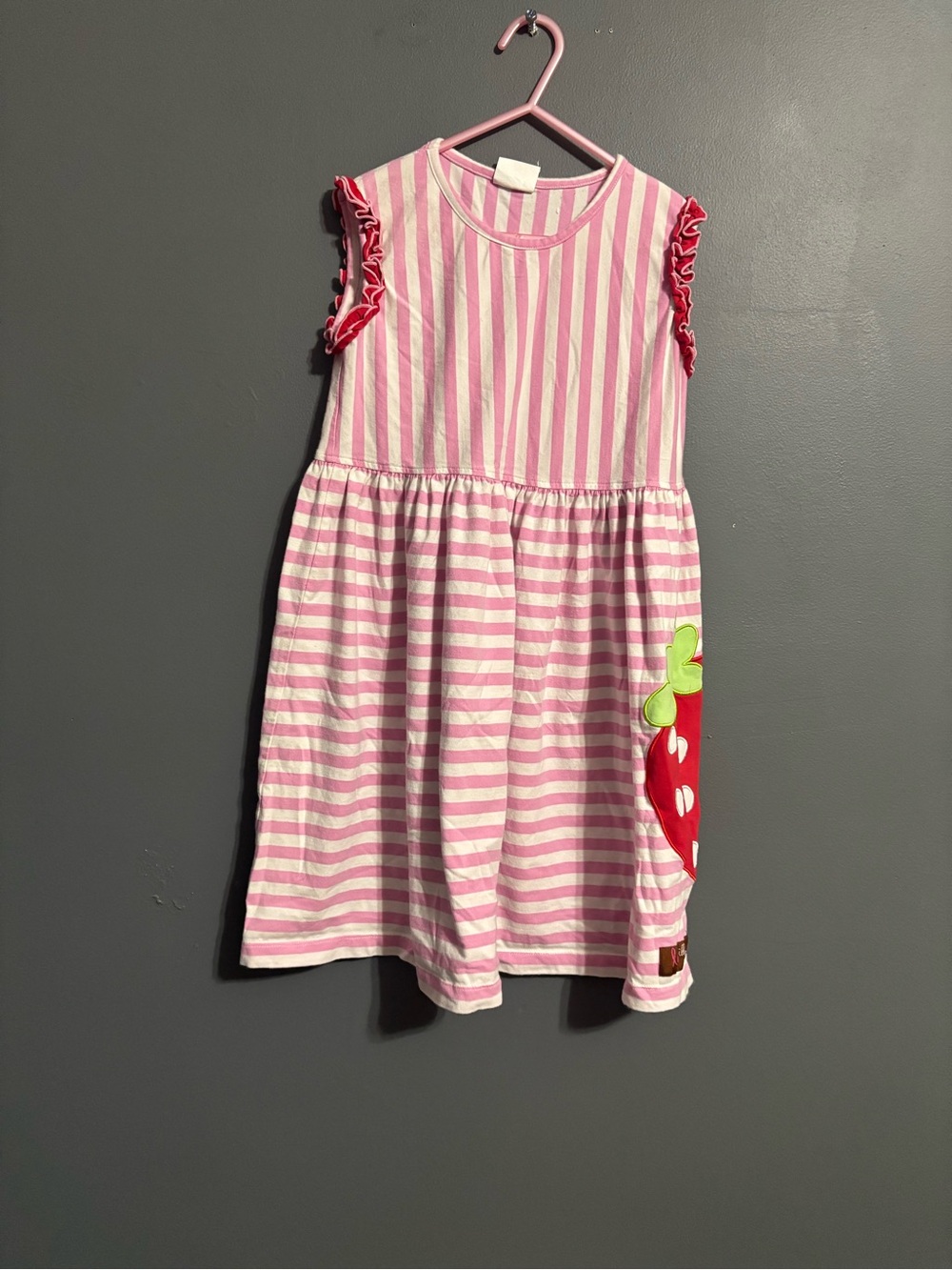 Pink & White Striped Strawberry Applique Ruffle summer Dress Girls 7